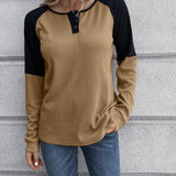 Contrast Buttoned Round Neck Raglan Sleeve Top - Crazy Like a Daisy Boutique