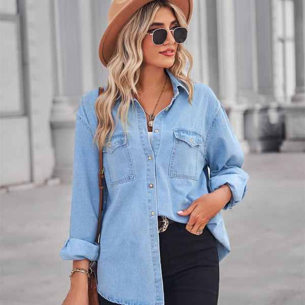 Collared Neck Dropped Shoulder Denim Top - Crazy Like a Daisy Boutique
