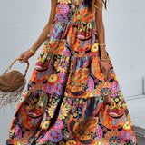 Tiered Printed V-Neck Sleeveless Dress - Crazy Like a Daisy Boutique #