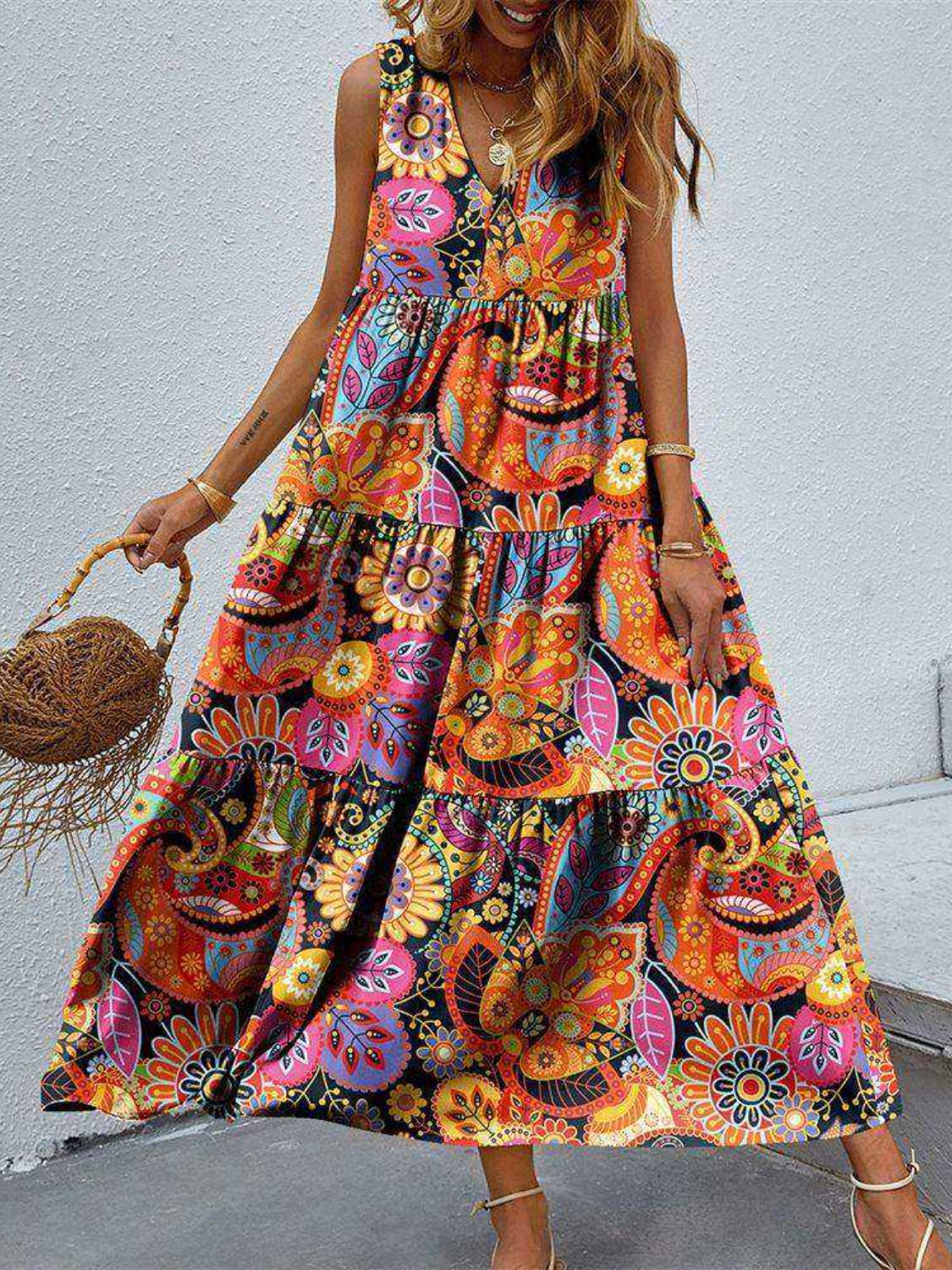 Tiered Printed V-Neck Sleeveless Dress - Crazy Like a Daisy Boutique #
