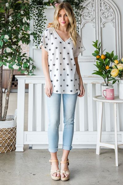 Heimish Full Size Star Print Short Sleeve V-Neck Waffle Knit T-Shirt - Crazy Like a Daisy Boutique #