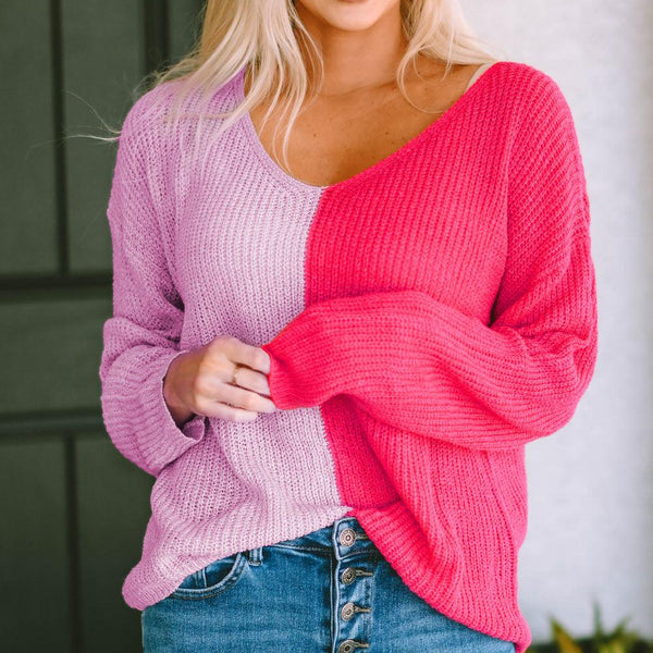 Contrast Color V-Neck Long Sleeve Pullover Sweater - Crazy Like a Daisy Boutique #