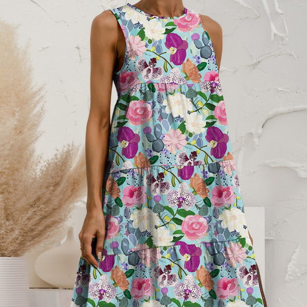 Printed Round Neck Sleeveless Tiered Dress - Crazy Like a Daisy Boutique #