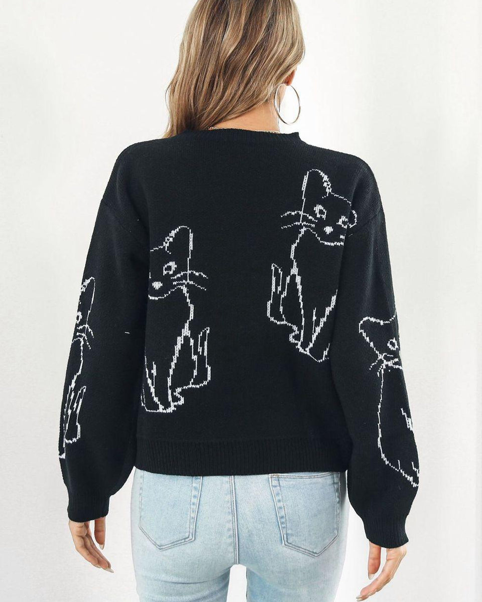 Cat Pattern Round Neck Long Sleeve Pullover Sweater - Crazy Like a Daisy Boutique
