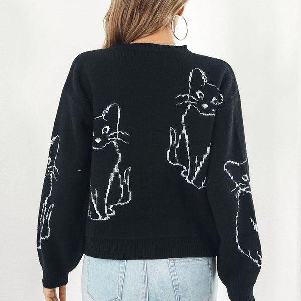 Cat Pattern Round Neck Long Sleeve Pullover Sweater - Crazy Like a Daisy Boutique #