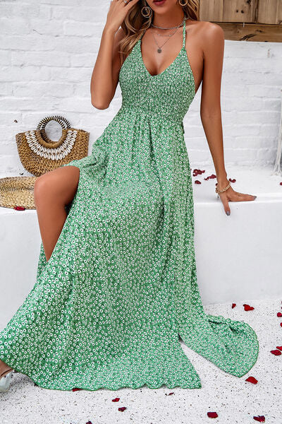 Smocked Slit Tied Printed Dress - Crazy Like a Daisy Boutique