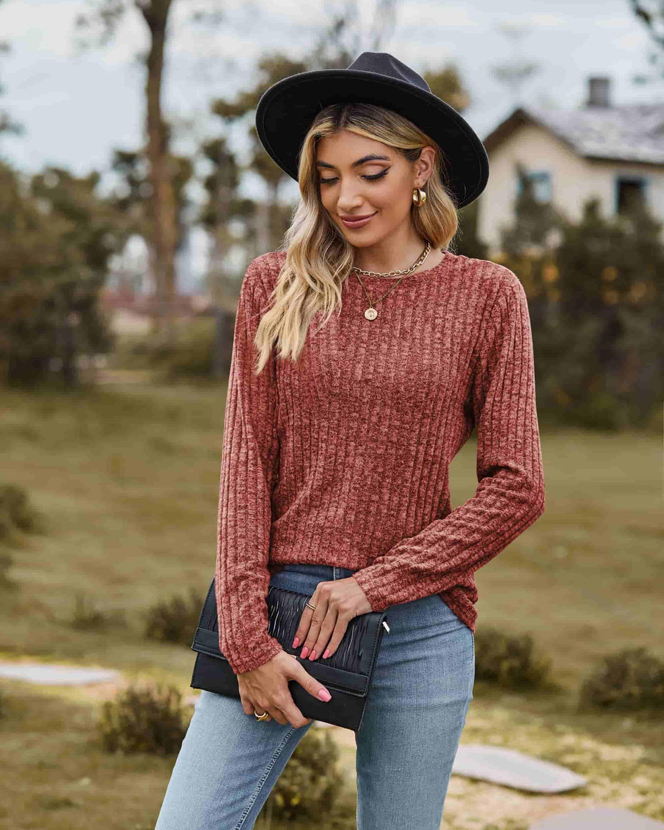 Ribbed Round Neck Long Sleeve Tee - Crazy Like a Daisy Boutique
