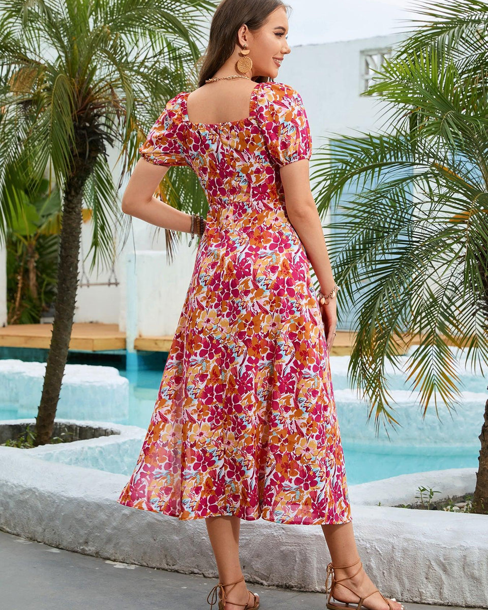 Floral Square Neck Short Sleeve Midi Dress - Crazy Like a Daisy Boutique
