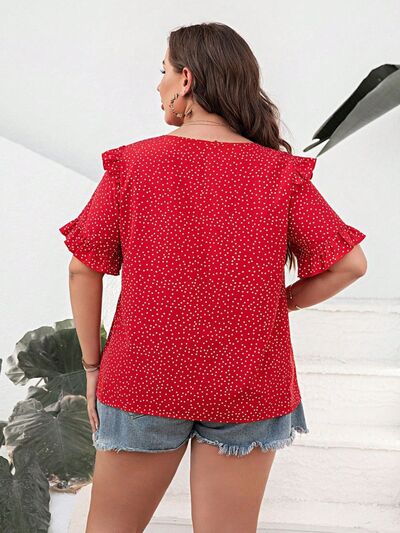 Plus Size Printed Notched Flounce Sleeve Blouse - Crazy Like a Daisy Boutique #