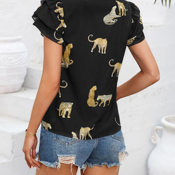 Ruffled Printed Tie Neck Short Sleeve Blouse - Crazy Like a Daisy Boutique #