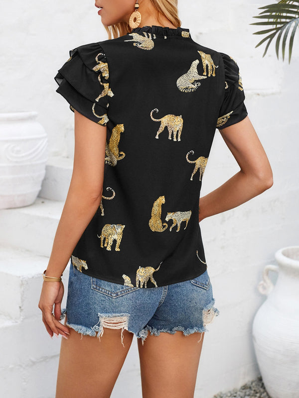 Ruffled Printed Tie Neck Short Sleeve Blouse - Crazy Like a Daisy Boutique #