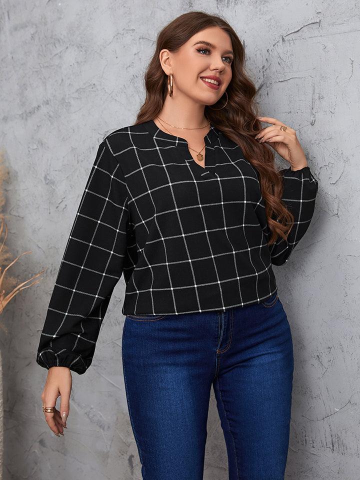 Plus Size Notched Neck Long Sleeve Blouse - Crazy Like a Daisy Boutique