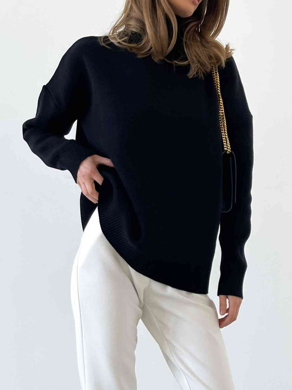 Mock Neck Dropped Shoulder Sweater - Crazy Like a Daisy Boutique #