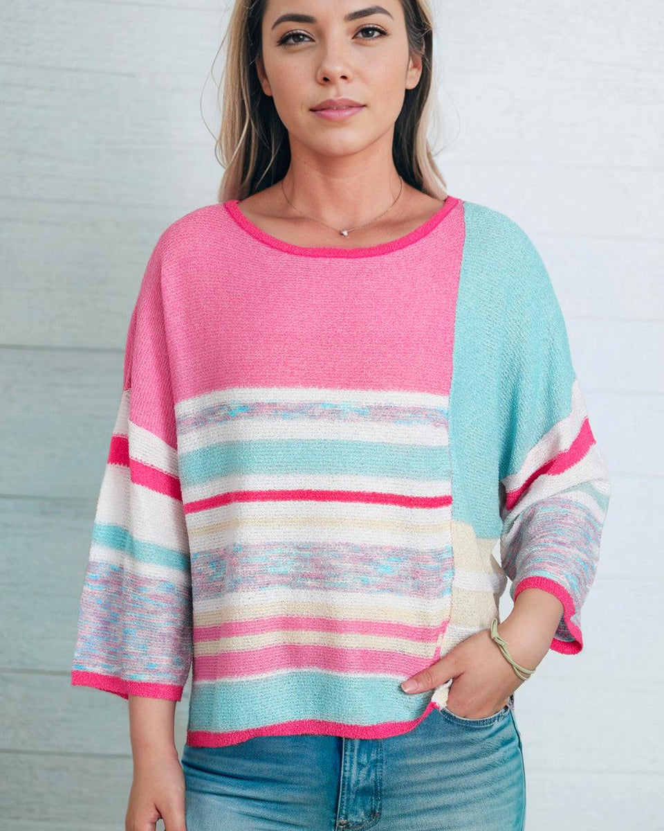 Printed Round Neck Dropped Shoulder Pullover Sweater - Crazy Like a Daisy Boutique