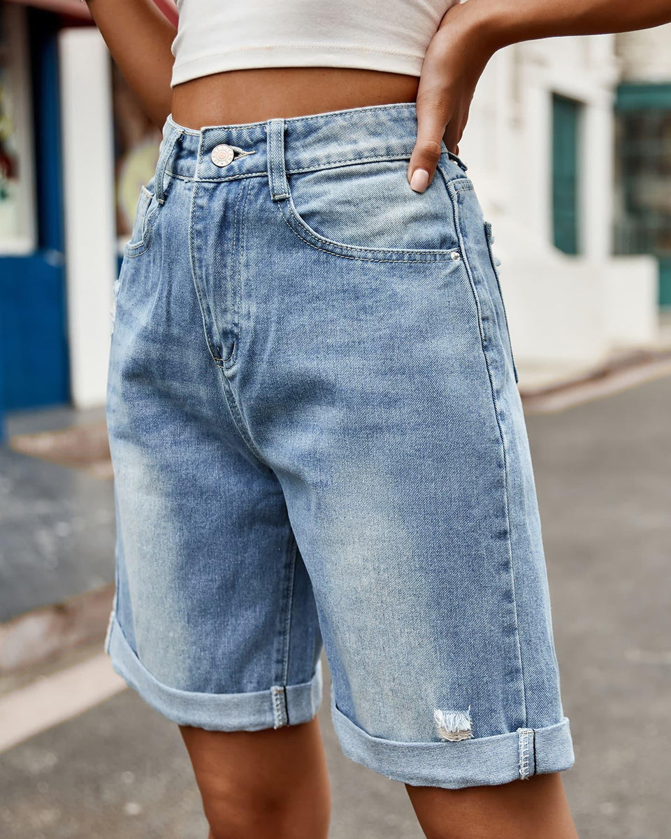 Distressed Buttoned Denim Shorts with Pockets - Crazy Like a Daisy Boutique