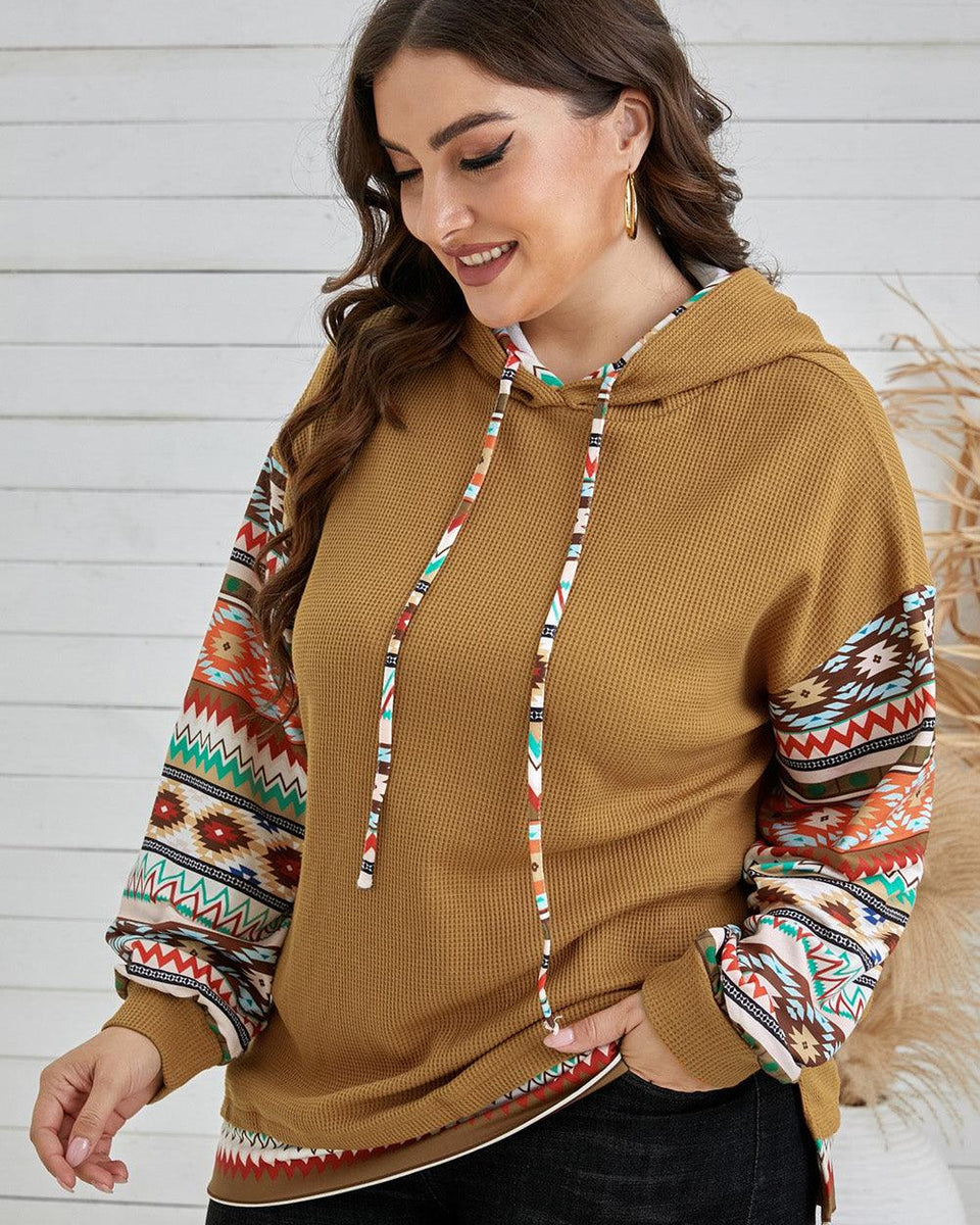 Plus Size Printed Side Slit Waffle-Knit Hoodie - Crazy Like a Daisy Boutique