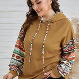 Plus Size Printed Side Slit Waffle-Knit Hoodie - Crazy Like a Daisy Boutique