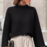 Mock Neck Dropped Shoulder Pullover Sweater - Crazy Like a Daisy Boutique