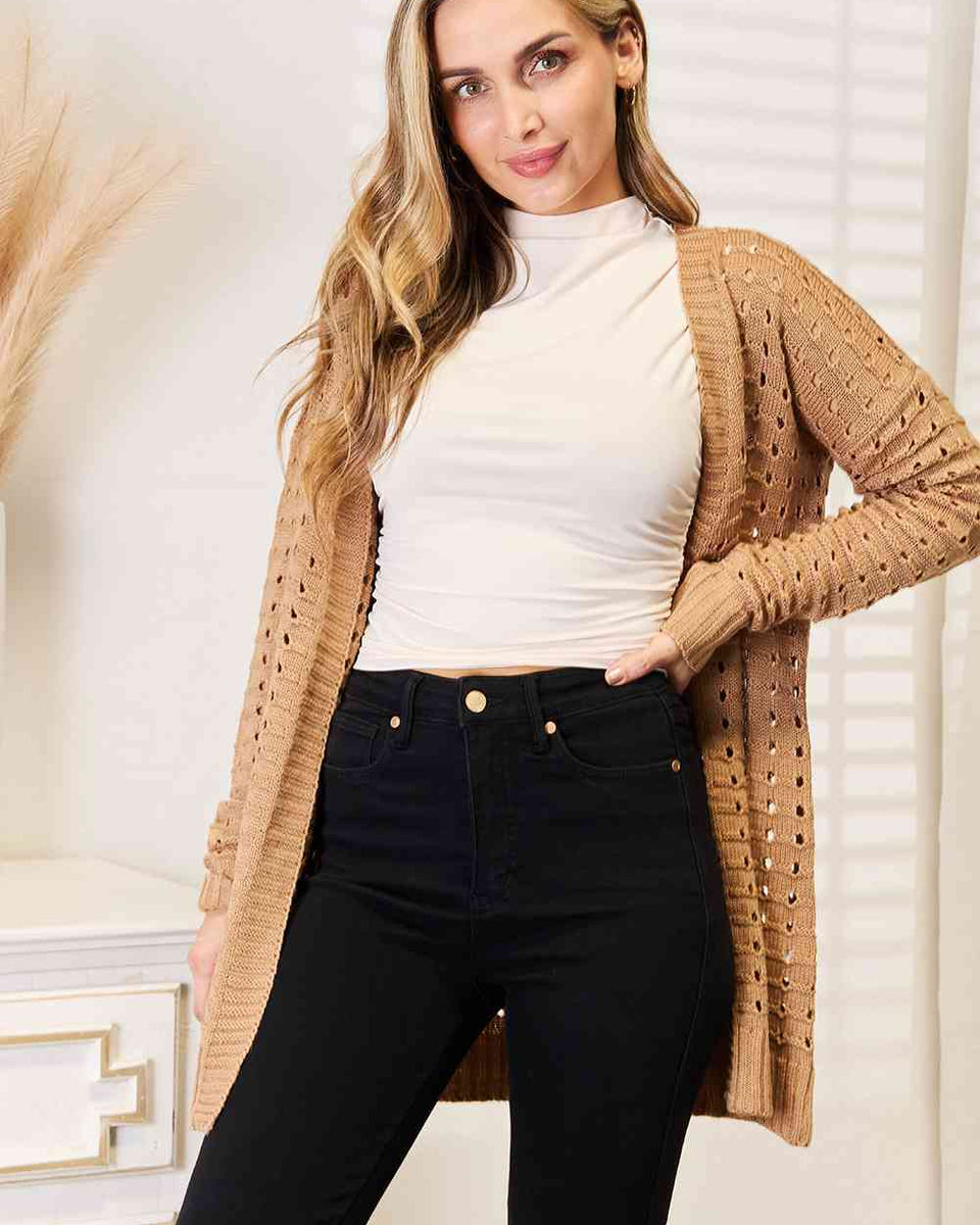 Woven Right Openwork Horizontal Ribbing Open Front Cardigan - Crazy Like a Daisy Boutique