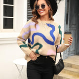 Printed Round Neck Dropped Shoulder Pullover Sweater - Crazy Like a Daisy Boutique