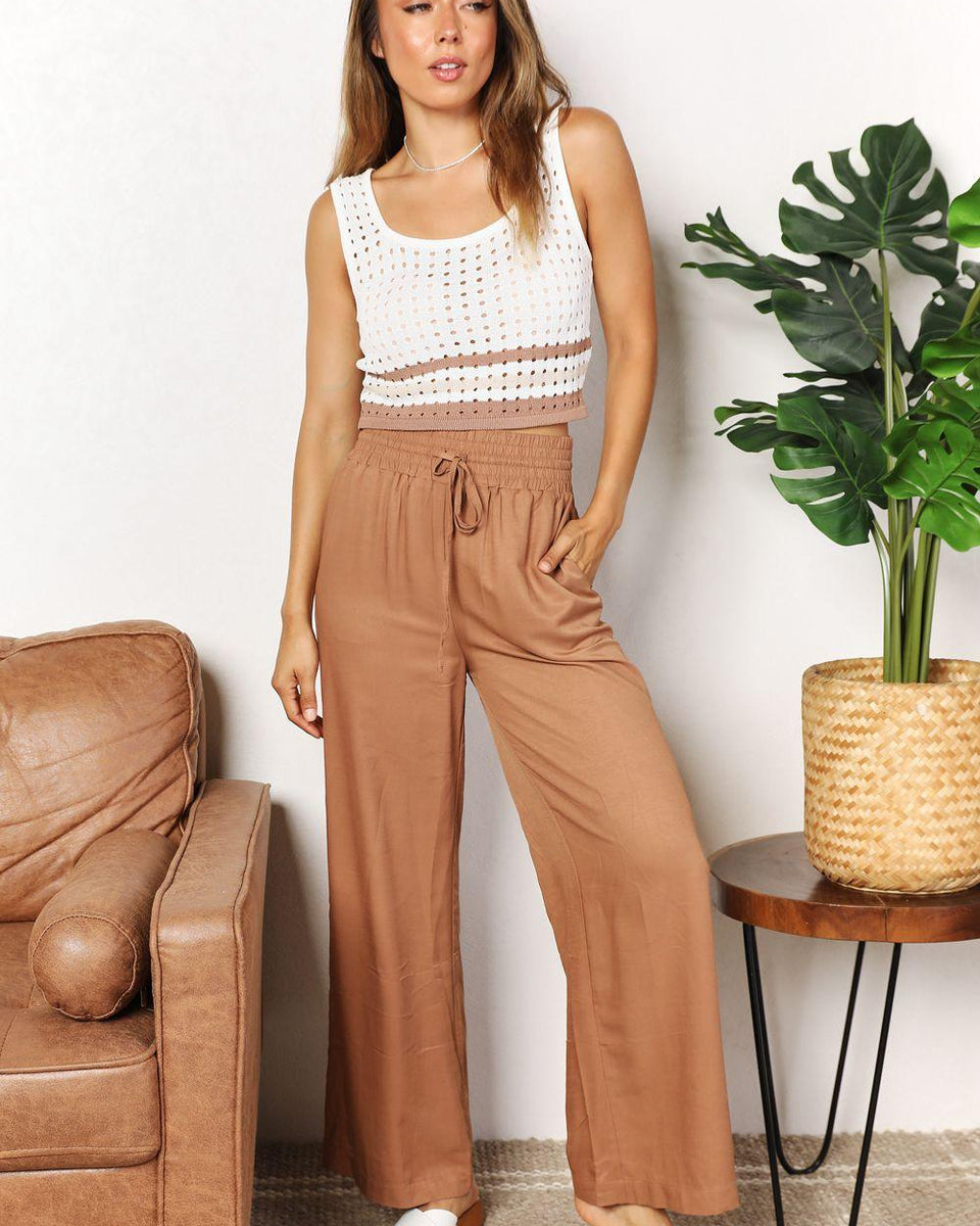 Double Take Drawstring Smocked Waist Wide Leg Pants - Crazy Like a Daisy Boutique