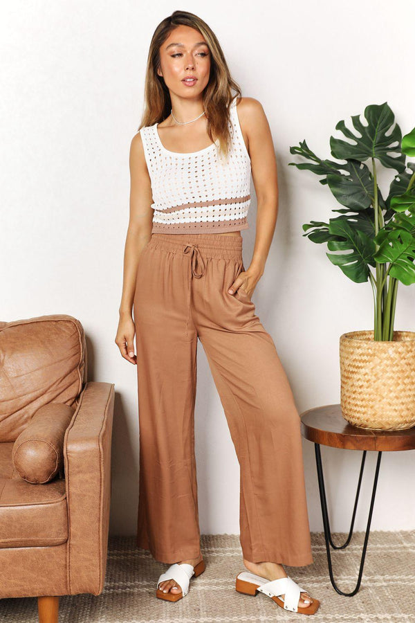 Double Take Drawstring Smocked Waist Wide Leg Pants - Crazy Like a Daisy Boutique #