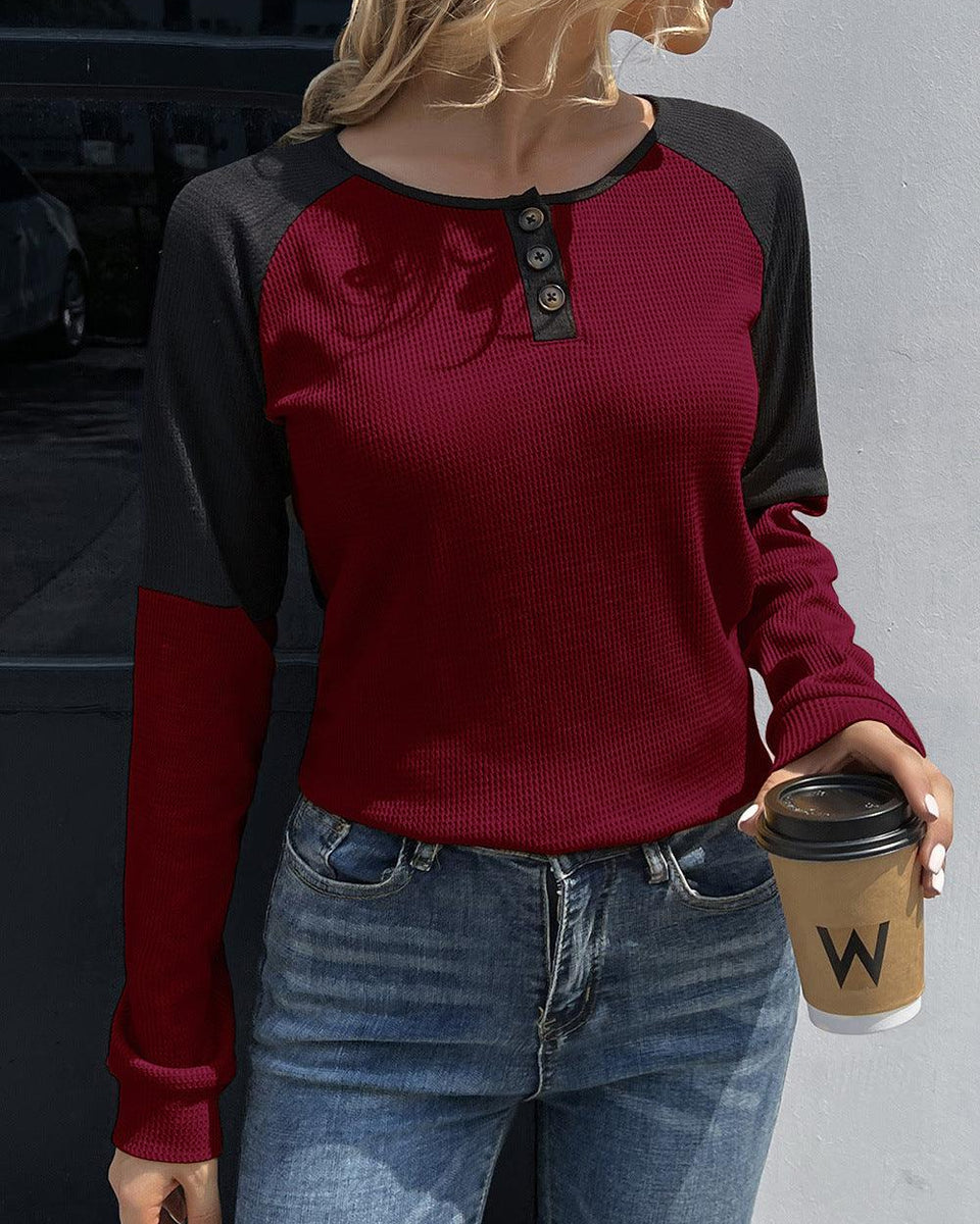 Contrast Buttoned Round Neck Raglan Sleeve Top - Crazy Like a Daisy Boutique