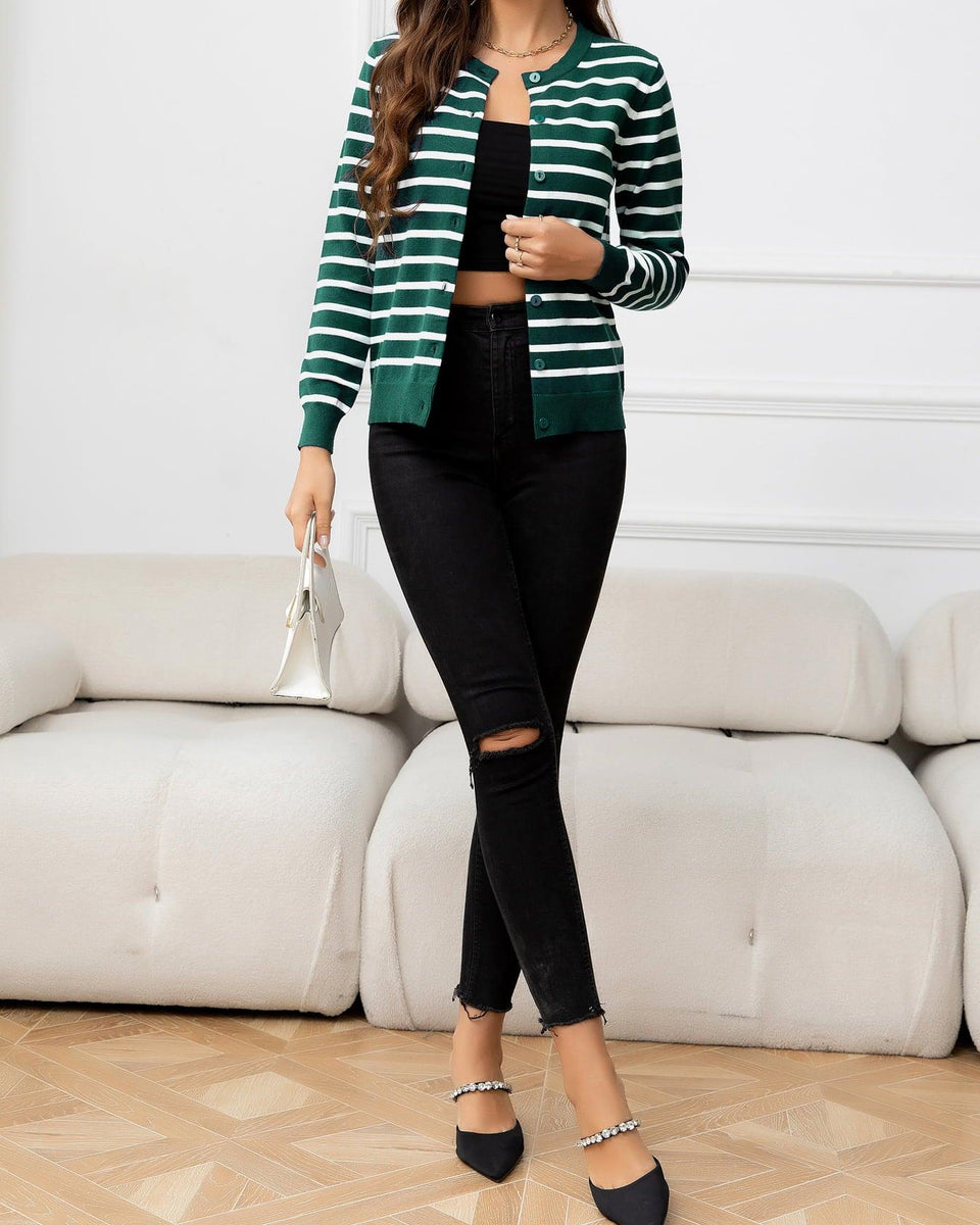 Striped Round Neck Long Sleeve Buttoned Knit Top - Crazy Like a Daisy Boutique