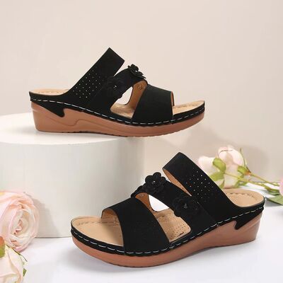 Flower PU Leather Wedge Sandals - Crazy Like a Daisy Boutique #