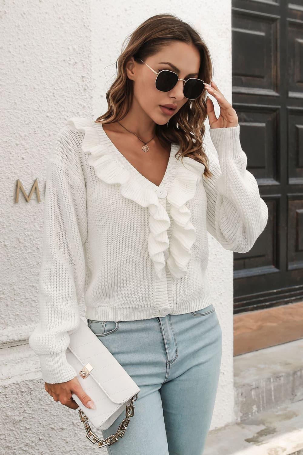 Ruffle Trim Button-Down Dropped Shoulder Sweater - Crazy Like a Daisy Boutique #