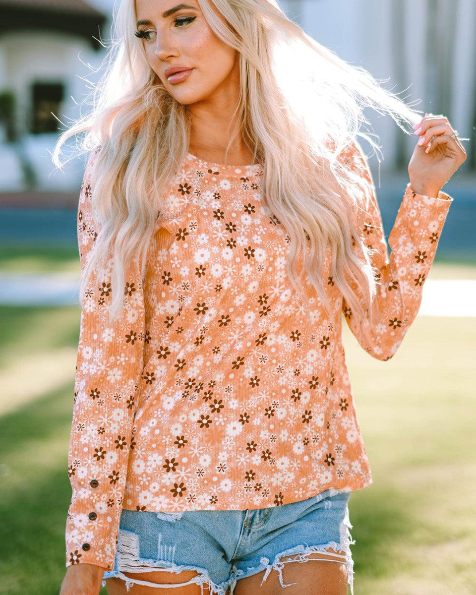 Floral Print Round Neck Long Sleeve Tee - Crazy Like a Daisy Boutique
