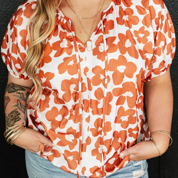 Plus Size Printed Tie Neck Short Sleeve Blouse - Crazy Like a Daisy Boutique #