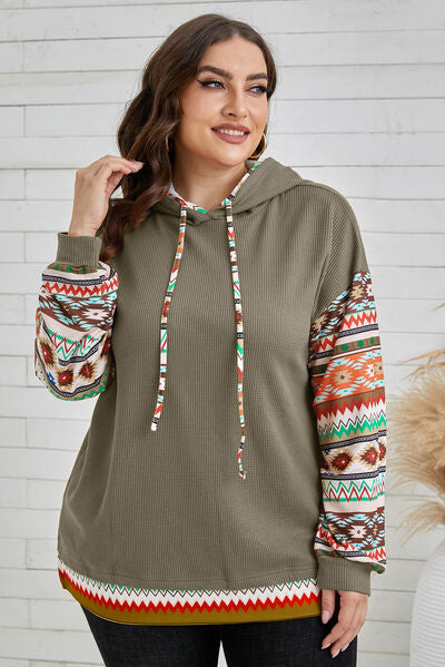 Plus Size Waffle-Knit Geometric Dropped Shoulder Hoodie - Crazy Like a Daisy Boutique