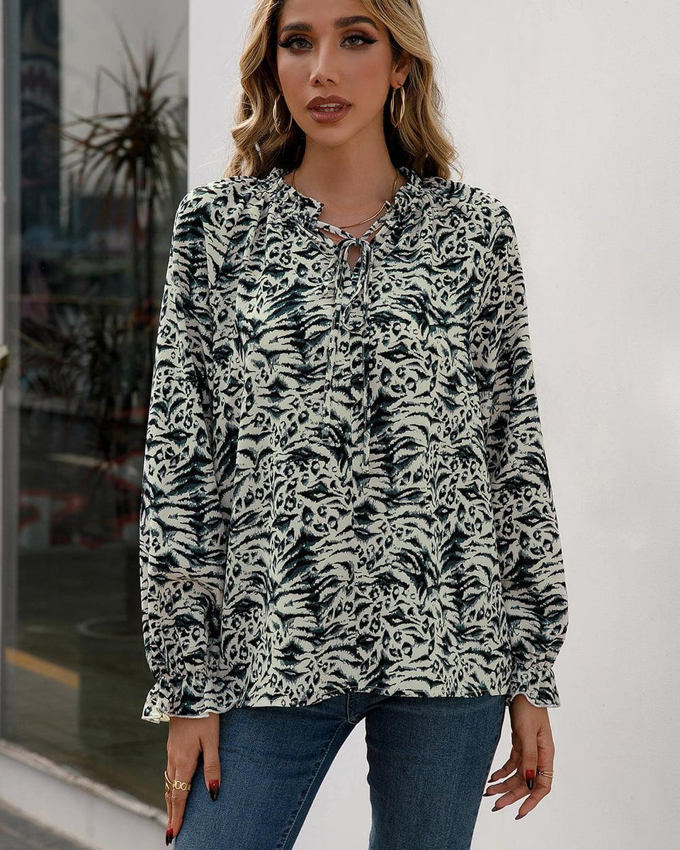 Printed Tie Neck Frill Trim Flounce Sleeve Blouse - Crazy Like a Daisy Boutique