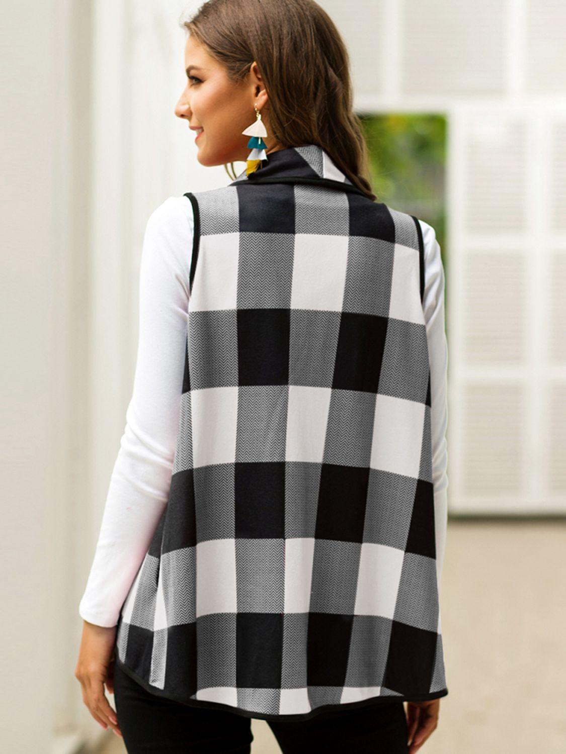 Plaid Open Front Sleeveless Cardigan - Crazy Like a Daisy Boutique #