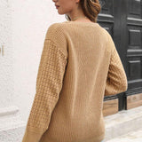 Ribbed Openwork Sleeve Round Neck Pullover Sweater - Crazy Like a Daisy Boutique