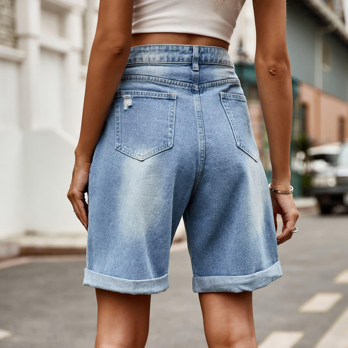 Distressed Buttoned Denim Shorts with Pockets - Crazy Like a Daisy Boutique #