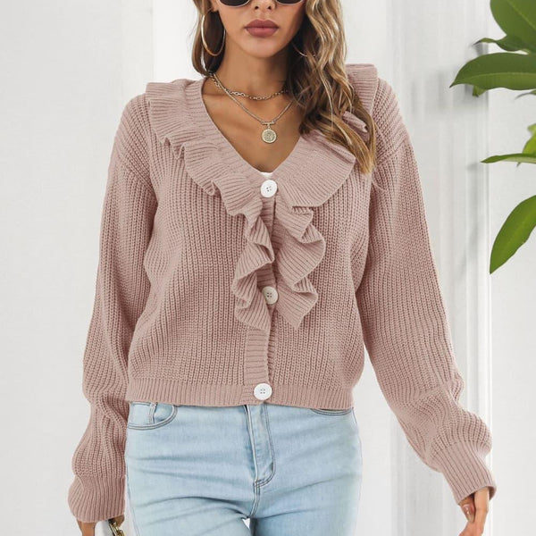 Ruffle Trim Button-Down Dropped Shoulder Sweater - Crazy Like a Daisy Boutique #