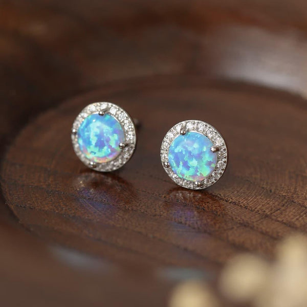 Opal Round Stud Earrings 925 Sterling Silver Platinum-Plated - Crazy Like a Daisy Boutique