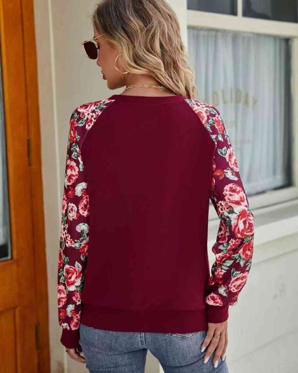 Floral Raglan Sleeve Round Neck Sweatshirt