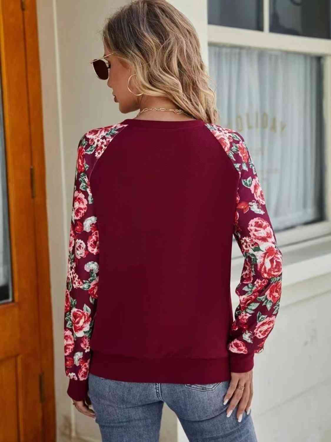 Floral Raglan Sleeve Round Neck Sweatshirt - Crazy Like a Daisy Boutique #
