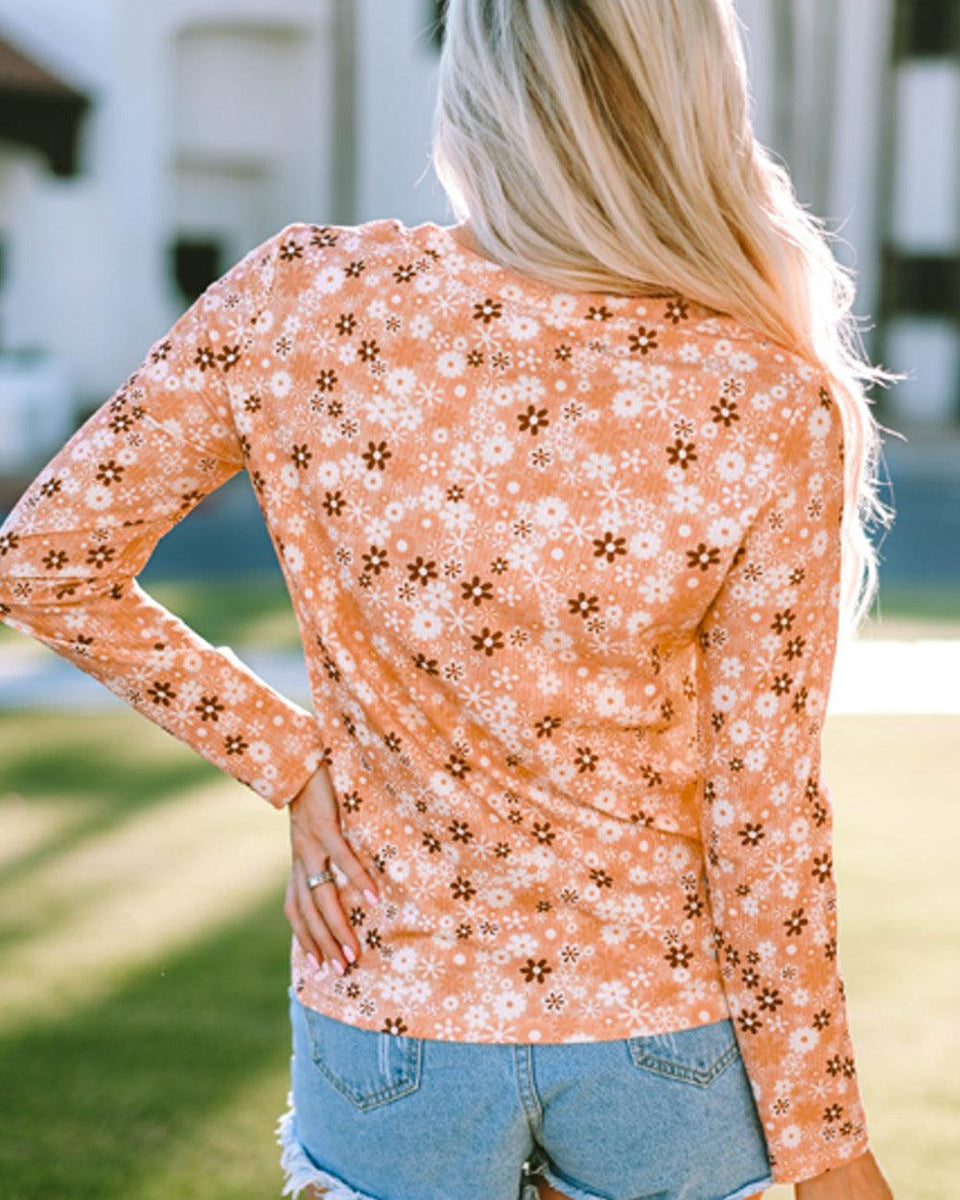 Floral Print Round Neck Long Sleeve Tee - Crazy Like a Daisy Boutique