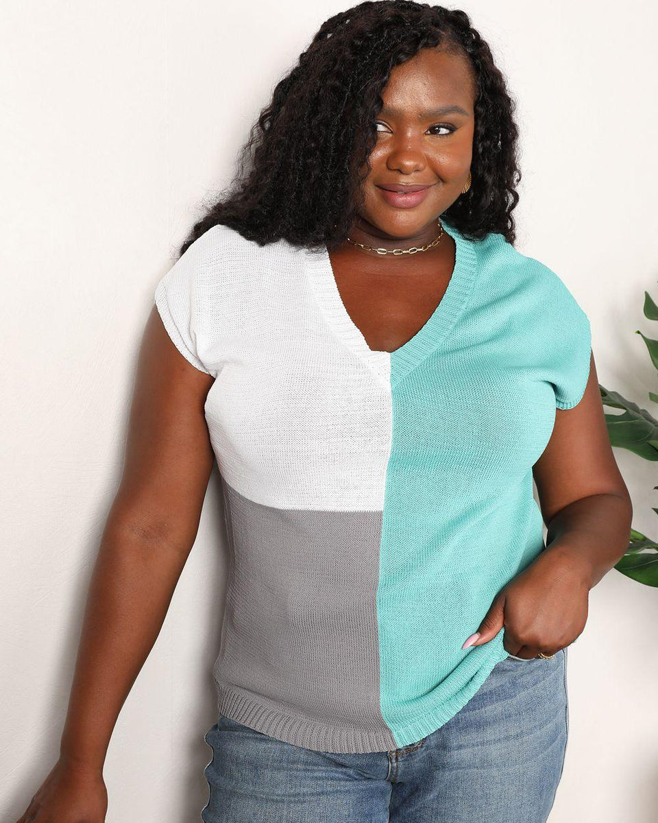Double Take Color Block V-Neck Knit Top - Crazy Like a Daisy Boutique