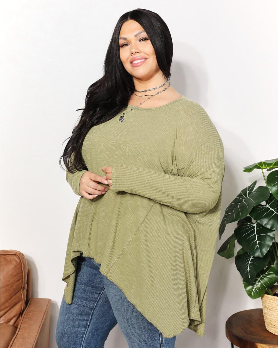HEYSON Full Size Oversized Super Soft Rib Layering Top with a Sharkbite Hem and Round Neck - Crazy Like a Daisy Boutique