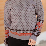 Geometrical Pattern Round Neck Dropped Shoulder Pullover Sweater - Crazy Like a Daisy Boutique