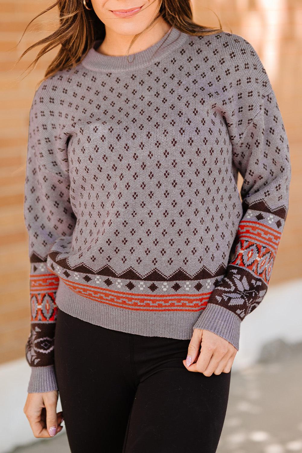 Geometrical Pattern Round Neck Dropped Shoulder Pullover Sweater - Crazy Like a Daisy Boutique #