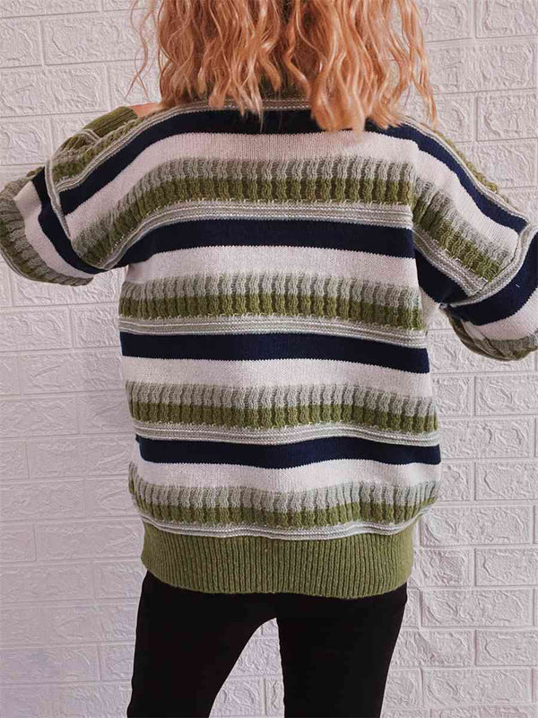 Striped Drop Shoulder Round Neck Sweater - Crazy Like a Daisy Boutique