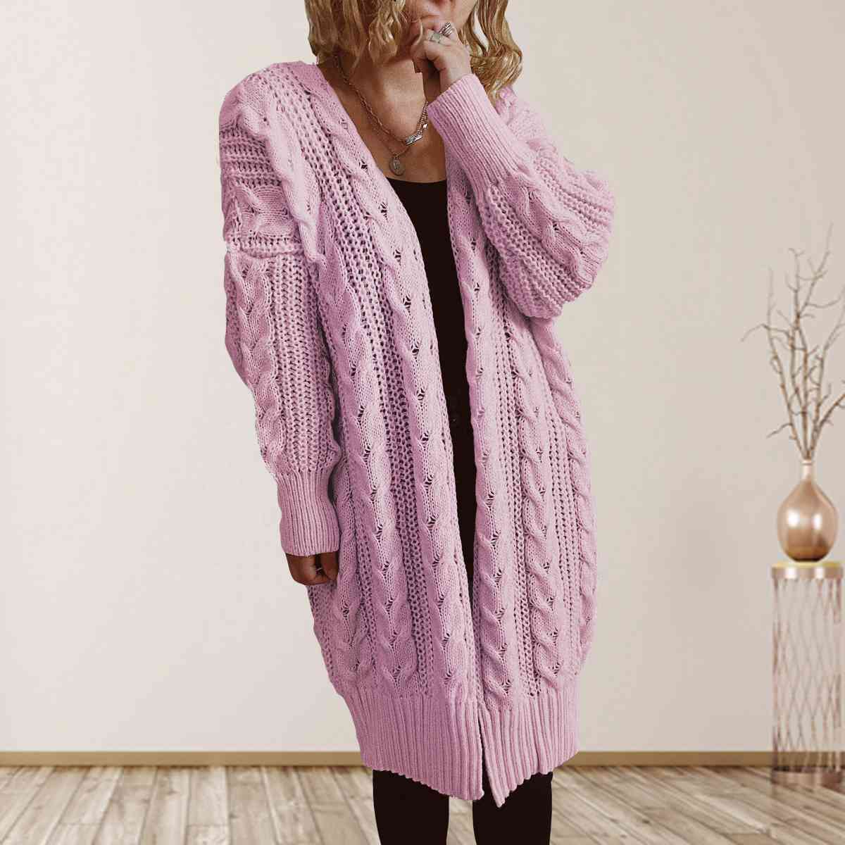 Cable-Knit Open Front Dropped Shoulder Cardigan - Crazy Like a Daisy Boutique