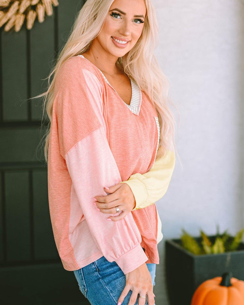 Color Block V-Neck Dropped Shoulder Top with Pocket - Crazy Like a Daisy Boutique