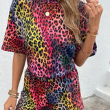 Leopard Round Neck Dropped Shoulder Half Sleeve Top and Shorts Set - Crazy Like a Daisy Boutique